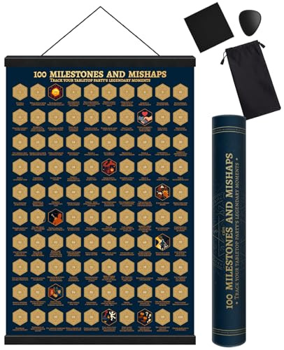CZYY DND Achievements Rubbelposter – 100 Meilensteine und Missgeschicke RPG Kampagne Tracker Wandkunst mit magnetischem Aufhänger, Rubbel-Set – Fantasy-Spielzimmer-Dekor & Geschenk für TTRPG-Spieler