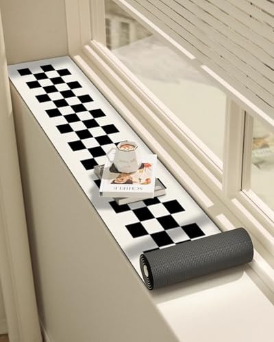 Fensterbank Innen Schwarz-weiß Karierte Balkonbankmatte, Kieselgur-Polster für Innenmöbel, Wärmedämmung, Verstellbarer Fensterbankschutz(110x25cm/43x10in)