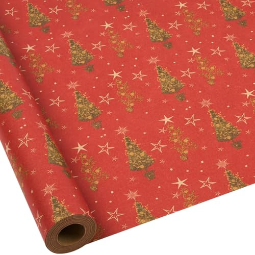 Weihnachtliches Kraftpapier-Geschenkpapier: Recycelbare rote Geschenkpapierrolle mit Weihnachtsbaum-Print – 43 cm x 15 m