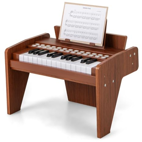KOMFOTTEU Teclado de Piano Infantil de 25 Teclas de Madera (Marrón) | Mini Teclado Digital con Atril, Grabación y Reproducción, Modo de Enseñanza, Instrumento Musical para Niños
