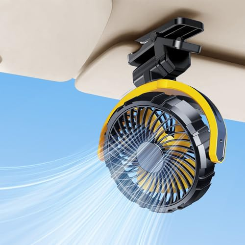 NIFBANG Car Fan Clip on Sun Visor Fan,Portable USB Rechargeable Battery Powerful Quiet Small Fans,360° Rotating Carseat Cooling Fan Clip on Golf Cart Treadmill Stroller Baby Crib for SUV Van(Yellow)