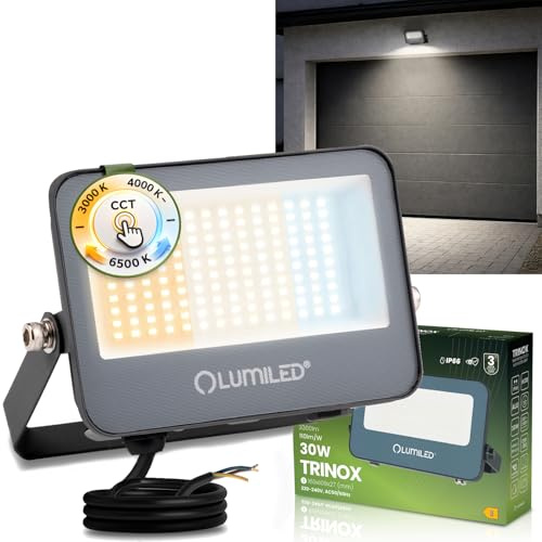 Lumiled LED Strahler Außen 30W 3300lm CCT 3000K 4000K 6500K IP66 Wasserdicht Fluter Außenstrahler Garten Garage Hof Wandstrahler Aluminium Grau