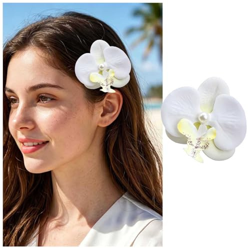 Enautoabs Bohemian Orchid Flower Hair Clip Butterfly Orchid Hair Clip White Orchids Flower Hairclip Barrette Hawaiian Tropical Phalaenopsis Hairpin Accessories for Vacation Beach Party(White)