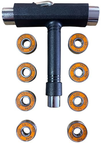 KLAMOTTEN STORE Skateboard T-Tool + 8 Kugellager Werkzeug Longboard Schlüssel Zubehör Multifunktionswerkzeug