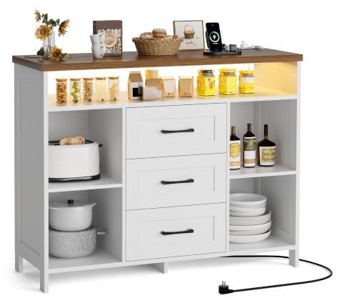BonVache Kücheninsel mit Stauraum und LED-Beleuchtung, Kücheninsel mit Steckdose, 3 Schubladen, offenem Fach, multifunktionales Sideboard für Küche, Esszimmer und Wohnzimmer, 100 × 35 × 80 cm