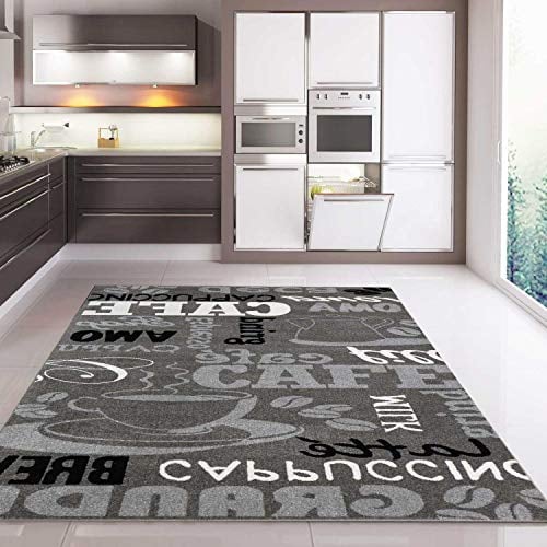 VIMODA Küchenteppich Grau Trendiger Kaffee Teppich, Verschiedene Schriftarten und Muster Kaffee, Maße:80 x 150 cm
