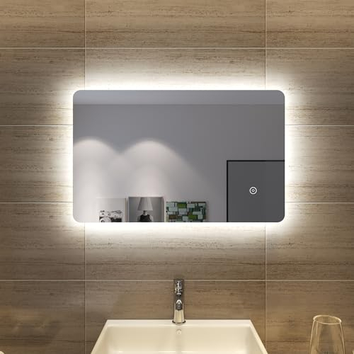 SONNI Badspiegel Lichtspiegel LED Spiegel Wandspiegel mit Touch-Schalter 80 x 50cm Kaltweiß/Neutralweiß/Warmweiß IP44 energiesparend