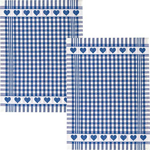 Kracht Geschirrtuch 2er-Pack Halbleinen Karo/Herz blau Größe 50x70 cm
