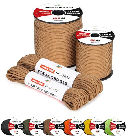 Brotree 4mm Paracord 550 7 Hebras Cuerda de Nylon 15M Tipo III Cuerda de Paracaídas para Supervivencia, Al Aire Libre, Bricolaje - 250kg Carga de Rotura (Marrón Coyote)