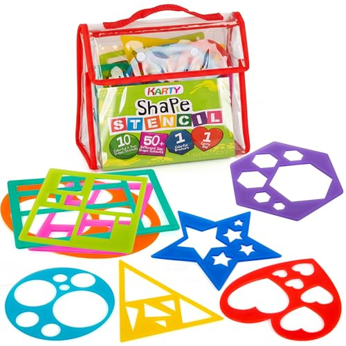 Karty Thick Shape Stencil Set with Case, 10pcs Sturdy Plastic Drawing Templates for Kids, Teacher Classroom Supplies and Preschool Arts & Crafts, Colorful Learning Kit for Toddlers Ages 4+