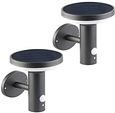 Lunartec Solar Wand-Leuchten LED: 2 Premium-LED-Solar-Wandleuchten, PIR-Sensor, Nachtlicht, 600 Lumen (hochwertige Wandlampen, drahtlose Außenbeleuchtung)