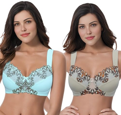 Curve Muse Soutien-Gorge sans Fil sans Doublure Taille Plus pour Femmes avec Dentelle brodée-Paquet de 2-Chair, Bleu Clair-105D