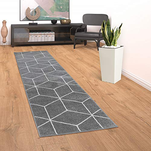 Paco Home Teppich Wohnzimmer Kurzflor Moderner Skandinavischer Stil Rauten Muster Grau Weiß, Grösse:70x250 cm, Farbe:Grau