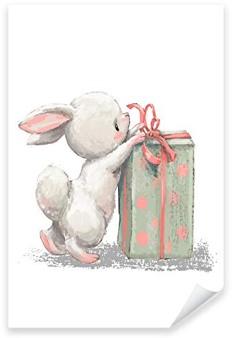 Postereck - 3625 - Süßer Hase mit Geschenk Poster Kinderzimmer | Geschenk und Hase |Kinderzimmer Deko für Jungen und Mädchen | Hasen Kinderbild Wandposter - Poster - 3:2-30,0 cm x 20,0 cm