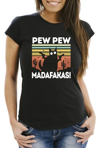 MoonWorks® Damen T-Shirt Pew Pew Madafakas! Schwarze Katze Spruch Meme Frauen Fun-Shirt lustig