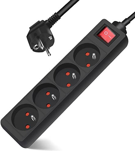 Multiprise 4 Prises 16A 2P + T avec Interrupteur, Extrastar Bloc 3 Prises, Rallonge 3M 230 V avec sécurité Enfant, Noir