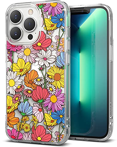 Ringke Fusion Design Compatible with iPhone 13 Pro Max Case, Transparent Hard Back with Holographic Floral Girls Women Design Panel Shockproof TPU Bumper Phone Cover - Vivid Flowers
