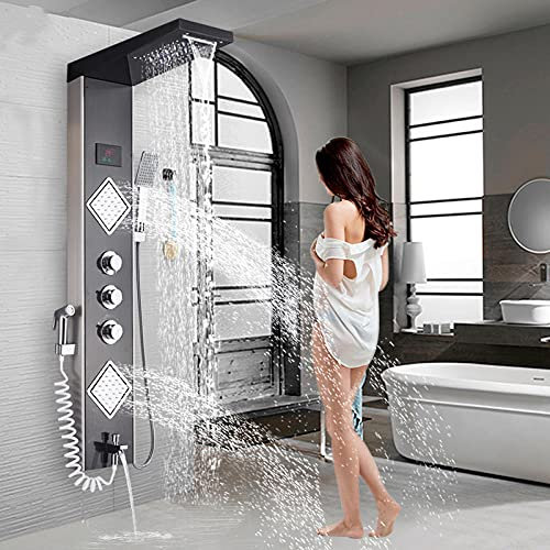 Huin Robinet de douche de salle de bain Panneau de douche LED Colonne Mitigeur de baignoire Nickel brossé AVEC/écran de température de douche à main