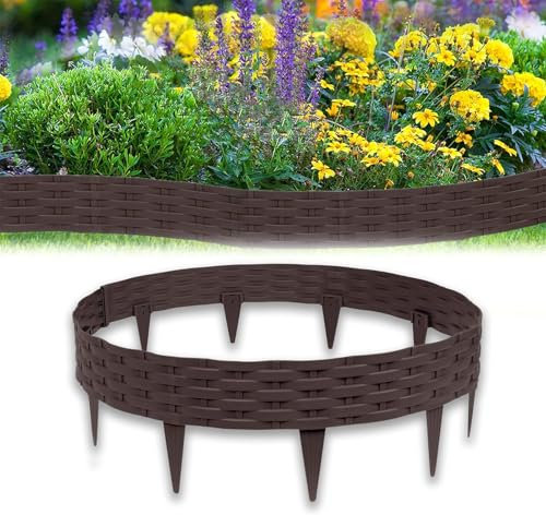 Froadp Rattan Optik Beeteinfassung Rasenkante Set, 100cm Beetumrandungen Kunststoff Rasenkantensteine, Plastik Rasenbegrenzung Beetzaun, Beetabgrenzung Garten Palisaden (10m=10 Stück, Braun)
