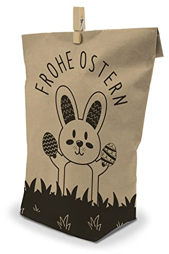 itenga 12 Stück Bedruckte Ostertüten zum Befüllen mit Klammer braun 17 x 26 cm Motiv Osterhase Hasenbande Geschenktüte Ostern Osternest