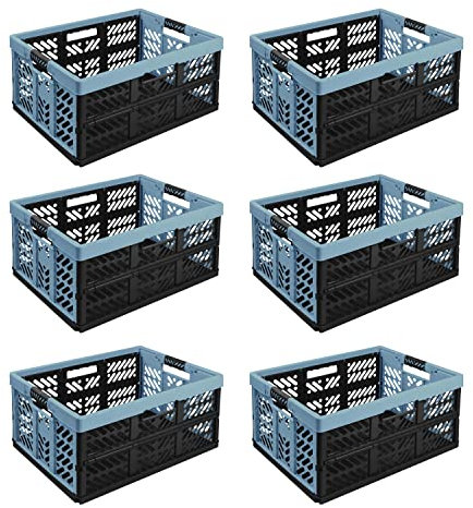 6X Stabile Profi Klappbox 45L - 54 x 37 x 28 cm - Einkaufskiste klappbar mit Soft-Griffe - Transportkiste stapelbar, Blau/Graphit