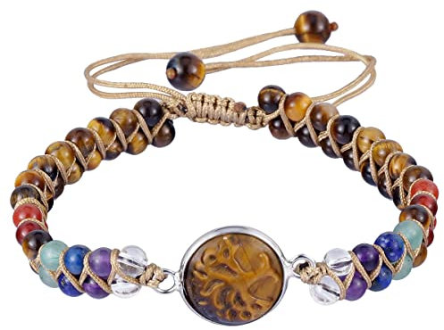 Nupuyai Oeil de Tigre Naturelle Arbre de Vie Bracelet Tressé en Pierre 4mm Double Couche pour Unisexe, Bracelet Perles Pierres Chakras Réglable pour la Chance et Méditation Reiki, 18-30cm de Longueur