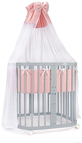 Waldin Babybett aus Holz 7in1 mit Matratze, Mitwachsendes Kinder-Bett, Belüftet, Boden 5-Fach Verstellbar, All-Inclusive-Set, Holz Grau, Stoffe Lachs