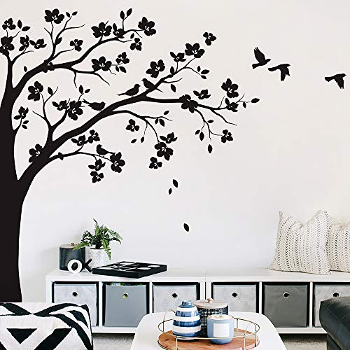 Große Ecke Baum Wandaufkleber Wandtattoo mit großen Blüten, Vögel und Blätter Kinderzimmer Wandkunst Aufkleber Wandbild 087 (Äste nach rechts, Alles in Schwarz)