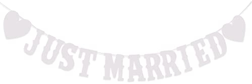 Teegxddy 1 STÜCKE Just Married Girlande, Hochzeitsgirlande Dekoration Weiß Vintage Just Married Banner Poster Hochzeit Girlande Wimpelkette Hochzeit