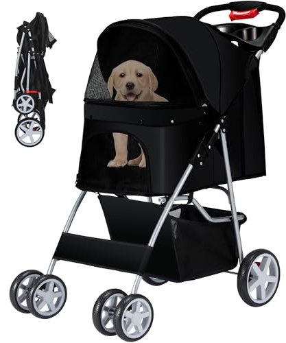 Azaeahom Foldable Pet Stroller 4 Wheels for Small Medium Dogs Cats,Black