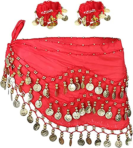 Bauchtanz Hüfttuch mit Armband, 128 Münzen Bauchtanz Rock Wrap Gürtel mit Handgelenk Knöchel Armbänder, Tanz Rock Gürtel Taille Kette für Bauchtanz, Zumba oder Yoga-Klasse, Performance-Kostüm