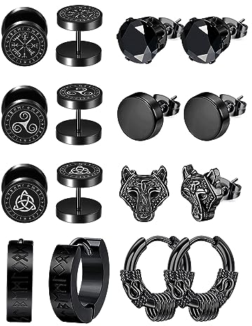 Morfetto 8 paar Herren Ohrstecker Wikinger Ohrringe Edelstahl Vintage Huggie Creolen Schwarze Ohrstecker Für Männer Nordischer Wikinger Schmuck Wolf
