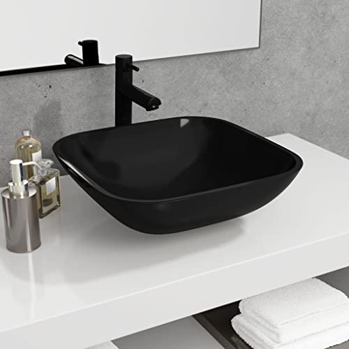 WIFESE Lavandino in Vetro Nero Lavabo Da Appoggio Arredo Bagno Lavandino Bagno Lavello Da Appoggio In Vetro Lavandino Del Bagno In Vetro Lavabo Bagno Lavabo In Vetro 42x42x14 cm
