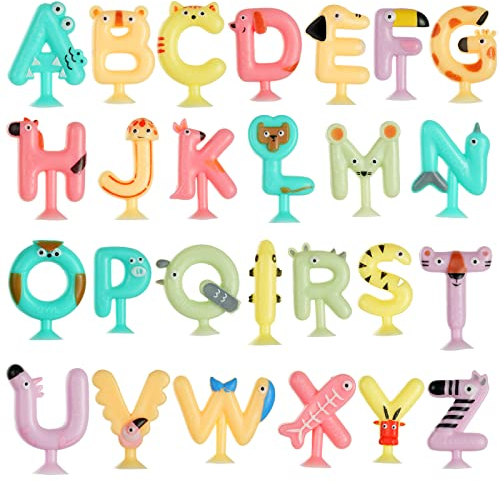 Vicloon Saugnapf Spielzeug, 26 pcs Alphabet-Lernspielzeuge Badewannen Spielzeug, Weiche Silikonbausteine Saugspielzeug mit Tierform Eltern-Kind Interaktives pädagogisches Rechtschreib-Lernspiel