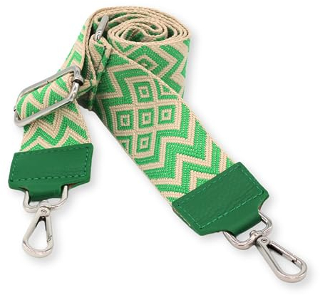 BRISE Taschengurt für Damen & Herren, 5cm Breiter Schultergurt, Verstellbarer 80-130 cm Taschenriemen aus Polyesterstoff und Leder, Stylischer Riemen mit 360 Drehbarer Kopf (Silber - Grün)
