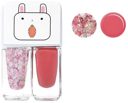 2 In 1 Pink Glitter Nail Polish Nail Varnish Set, Peel off Coral Pink Quick Dry Long Lasting Kids Nail Polish, Holographic Water Based Formula No UV Needed Non-toxic for Girls DIY Nail Art at Home