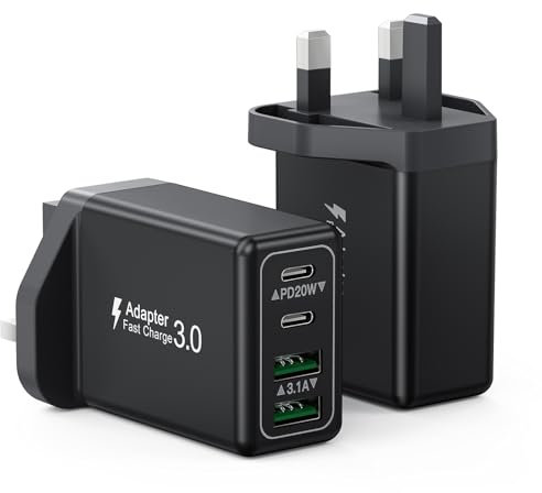 2-Pack USB C Plug,40W 4-Port Fast Charging Plug UK Type C Charger Dual Port PD+QC Wall Plug, Multi USB C Power Adaptor Charger Plug for iPhone 16 15 14 13 12 11 Pro Max Plus XS XR X,iPad,Samsung
