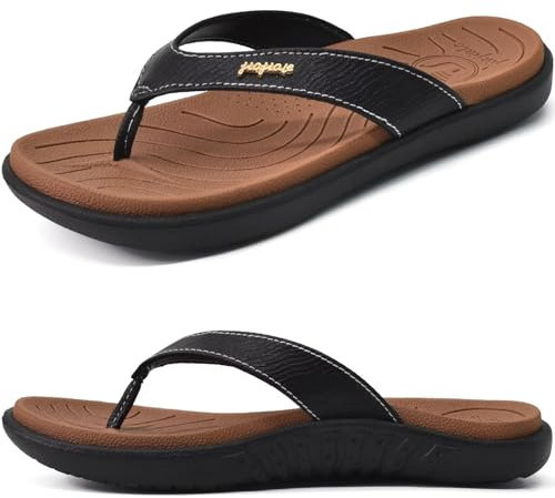 jiajiale Flip Flops Damen Mode Orthopädische Leder Stoff Leicht Zehentrenner Frauen Bequeme Yoga Fußbett Badelatschen Sommer Strand Rutschfest Feste Gummi Sohle Khaki Schwarz EU38