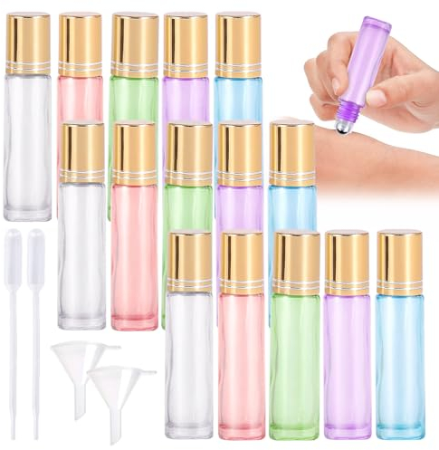 15 Stück Ätherische Öle Roller Flaschen,Glas Roller Flaschen,Roll On Flasche Leer 10ml mit Edelstahl Roller Bällen,Nachfüllbar Roll-on Multicolor Glasflaschen für Ätherisches Öl Aromatherapie Parfüm