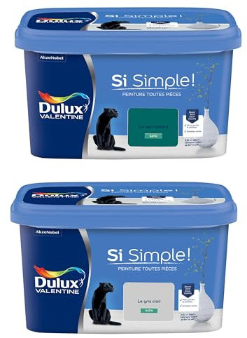 Dulux Valentine Peinture Si Simple Peinture Intérieure Toutes Pièces Satin - Peinture Murs et Plafonds, Portes et Plinthes - Lot de 2 - Couleurs : Le Gris Clair & Le Vert Canard 2,5 L
