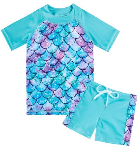 Fanient Girls Swimming Costume Toddler Kids Two Pieces Short Sleeve Swimsuit UPF 50+ Protection Bathing Suit Mermaid Swim Set for 4-5 Years