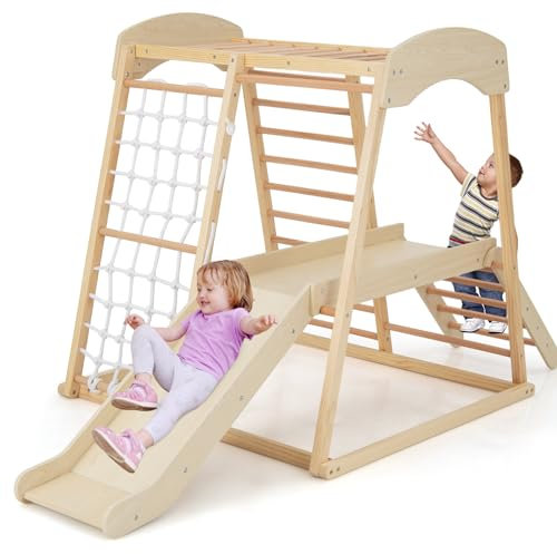 DREAMADE 6 en 1 Jeu d'escalade Intérieur, Aire de Jeu en Bois avec Portique, Toboggan, Corde et Échelles, Jeu Montessori avec Ancrages Métalliques pour 1 an+ (Naturel)