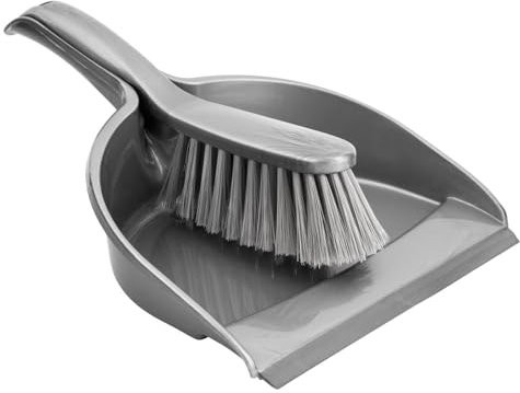 HOMESHOPA Dustpan and Brush Set, Easy-Sweep Rubber Lip and Dirt-Trapping Durable Bristles, Lightweight, Portable Sweeping Brush, Household Home Kitchen and Indoor Cleaning (Silver)