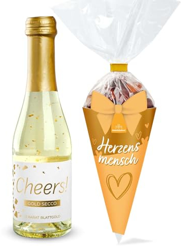 2er-Set Gold Secco Cheers! und Fruchtgummi Herzensmensch 100g | Bundle zum Verschenken | Geschenk für Hochzeit, Geburtstag oder Valentinstag | Geschenk für Freundin | Prosecco mit Gold | Gummibärchen