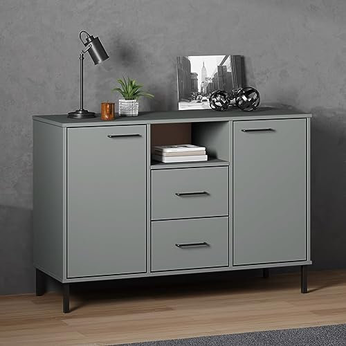 LAPOOH Sideboard Oslo mit Metallbeinen, Kommode Schlafzimmer, Komodenschrank, Flur Möbel, Apothekerschrank, Wohnzimmerschrank, Flur Schrank, Beistellschrank, Grau 113x40x77 cm Massivholz