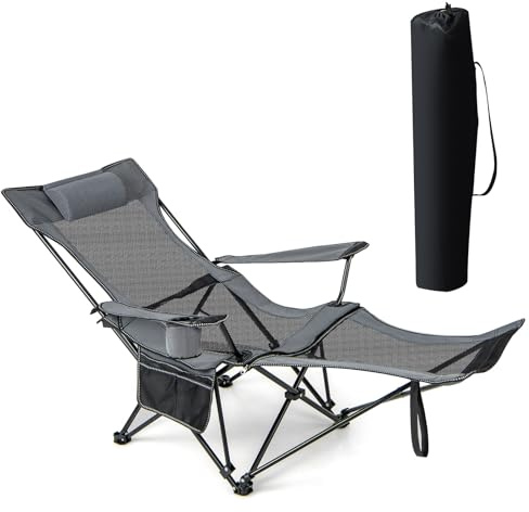 GIANTEX Chaise Pliante Camping 2 en 1, Fauteuil de Camping avec Repose-Pieds Amovible, Dossier Réglable à 4 Positions, Porte-Gobelet & Poche Latérale, Sac de Transport, pour Randonnée, Pêche, Gris