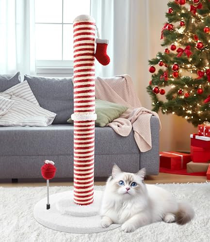 PuzzlePaw Christmas Cat Scratching Post,Christmas Cat Scratcher for Indoor Cats,Christmas Cat Tree Tower Activity Cat Play Center with Santa Danging Sock Toys and Gift Box