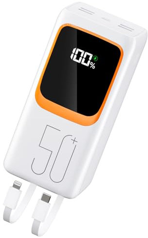50000mAh Power Bank con cable incorporado: Batería externa de carga rápida de 22.5W con gran capacidad, cargador portátil con linterna LED y 7 salidas y 3 entradas-Blanco MP3 with