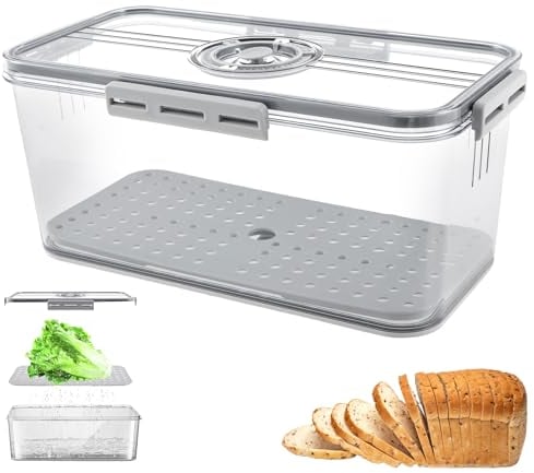 Bread Storage Container Airtight Bread Bin with Snap & Time Recording, Food Grade Plastic Bread Keeper with Lid, Bread Container Bread Box for Bread, Toast, Scone, Pastry, Cookies, Veggie, Fruit