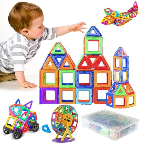 60 Pezzi 3D Costruzioni Magnetiche per Bambini, 4 Forme Assemblaggio Magneti Bambini Colorati, STEM Costruzioni per Bambini 3 Anni, DIY Giochi Magnetici per Bambini 3 4 5 6 7 8 Anni